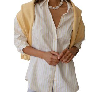 DONNI Pop Button Down Shirt, White and Yellow Stripe, Size XS